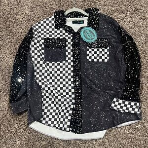 Black & White Checkerboard Sequin Patchwork Jean Jacket